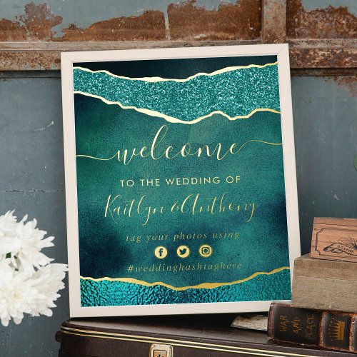 Elegant Turquoise  Gold Agate Wedding Welcome Foil Prints