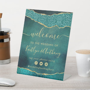 Elegant Turquoise & Gold Agate Wedding Welcome Pedestal Sign