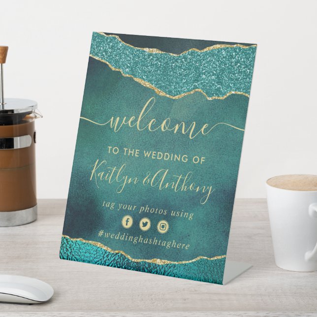 Elegant Turquoise & Gold Agate Wedding Welcome Pedestal Sign (In SItu)