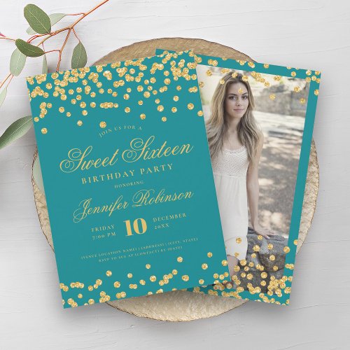 Elegant Turquoise Gold Confetti Photo Sweet 16   Invitation