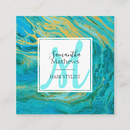 Elegant Turquoise  Gold Marble Agate Hair Stylist Square Business Card