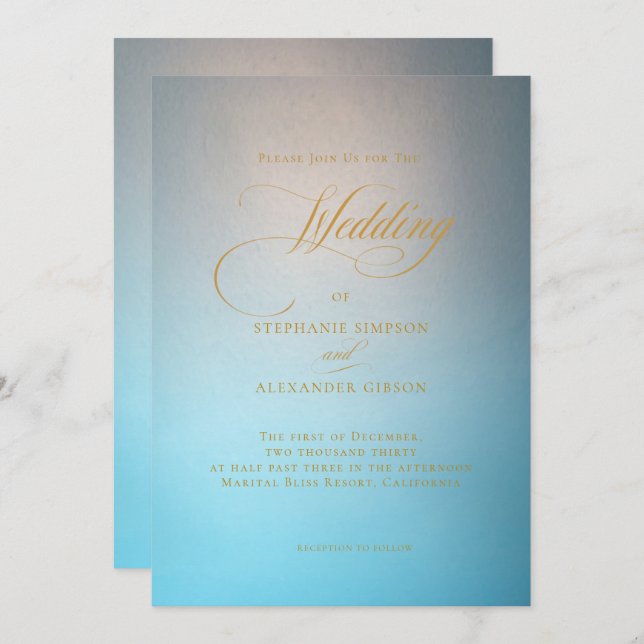 Elegant Turquoise Gold Script Wedding  Invitation (Front/Back)