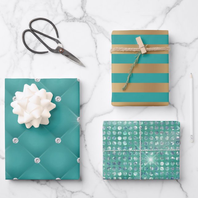 Elegant Turquoise Gold Stripes Glitter Gift Wrapping Paper Sheets (Front)