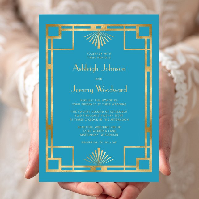 Elegant Turquoise Gold Vintage 1920s Deco Wedding Invitation (Creator Uploaded)
