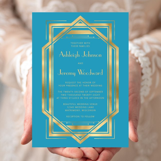 Elegant Turquoise Gold Vintage 1920s Deco Wedding Invitation (Creator Uploaded)