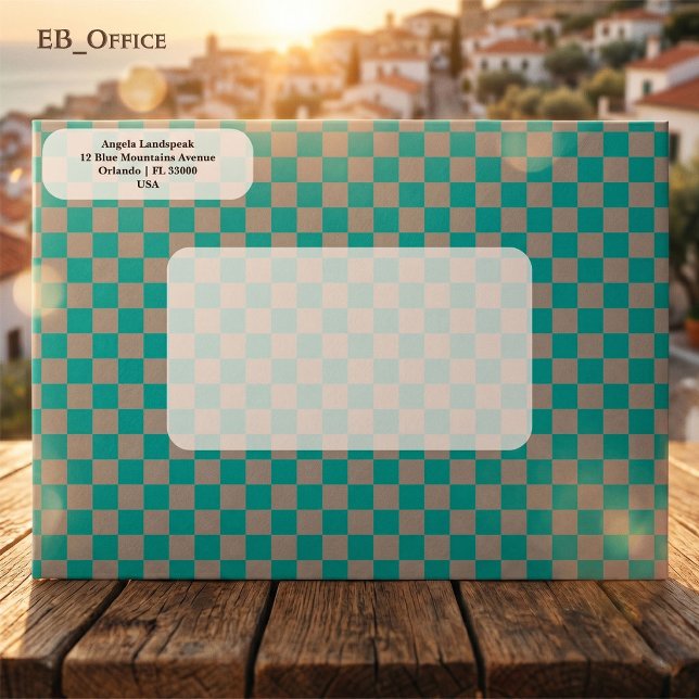 Elegant Turquoise & Gray Checkered  Return Address Envelope (Love the envelope, but looking for a different hue? Visit EB_Office to explore our full collection.)