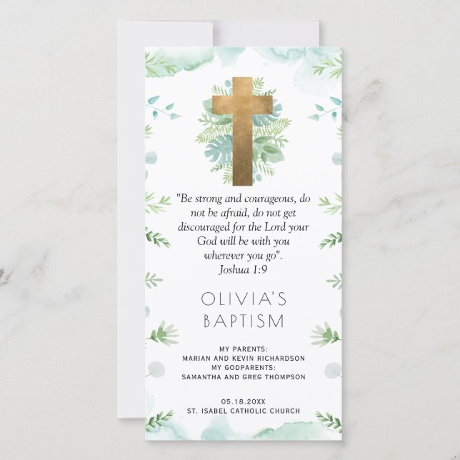 Elegant Turquoise, Greenery Baptism Bookmark Favor Thank You Card (Front)