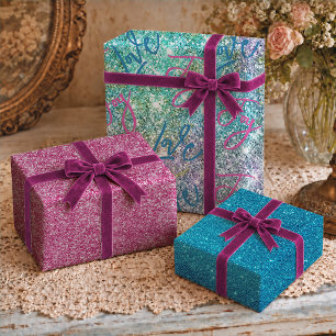 Elegant Turquoise Iridescent Glitter Rainbow Wrapping Paper Sheets