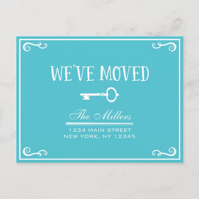 Elegant Turquoise Key Moving Announcement Postcard (Front)