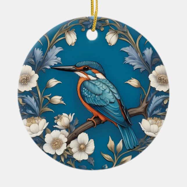 Elegant Turquoise Kingfisher Bird Floral  Ceramic Ornament (Front)