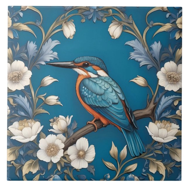 Elegant Turquoise Kingfisher Bird Floral  Ceramic Tile (Front)