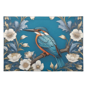 Elegant Turquoise Kingfisher Bird Floral  Cloth Placemat
