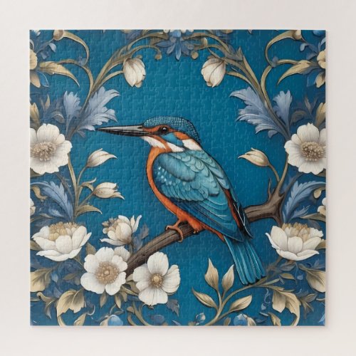Elegant Turquoise Kingfisher Bird Floral  Jigsaw Puzzle