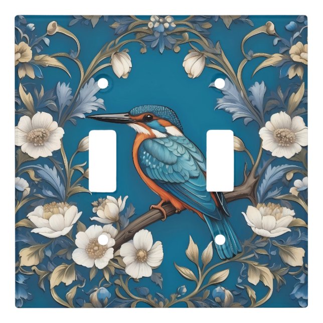 Elegant Turquoise Kingfisher Bird Floral  Light Switch Cover (Front)