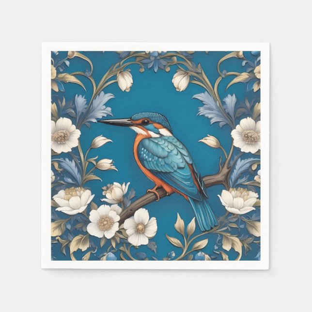 Elegant Turquoise Kingfisher Bird Floral  Napkins (Front)