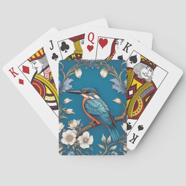 Elegant Turquoise Kingfisher Bird Floral  Poker Cards (Back)