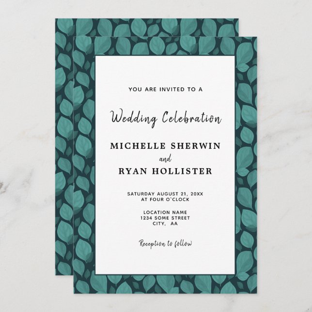 Elegant Turquoise Leaf Pattern Botanical Wedding Invitation (Front/Back)
