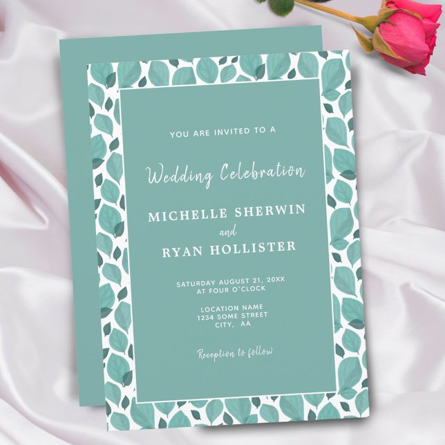 Elegant Turquoise Leaf Pattern Botanical Wedding Invitation (Creator Uploaded)