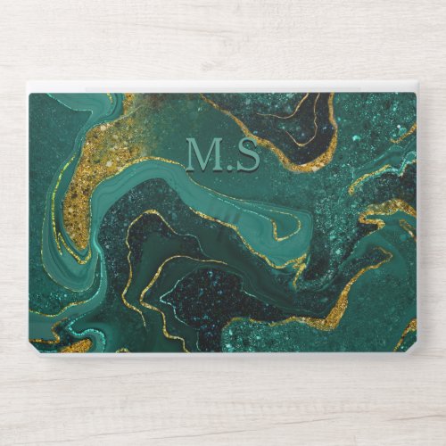 Elegant turquoise marble art faux gold glitter HP laptop skin