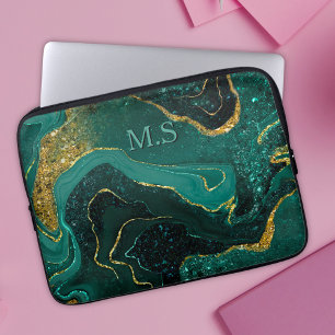 Elegant turquoise marble art faux gold glitter laptop sleeve