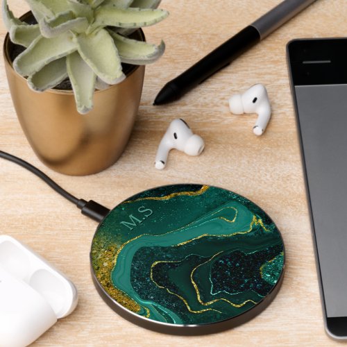 Elegant turquoise marble art faux gold glitter wireless charger 