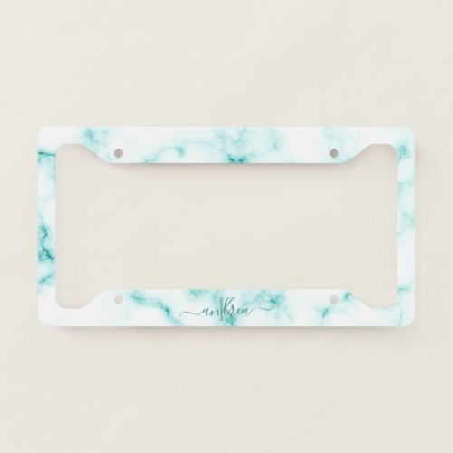 Elegant Turquoise Marble Monogram Name Cute Girly License Plate Frame