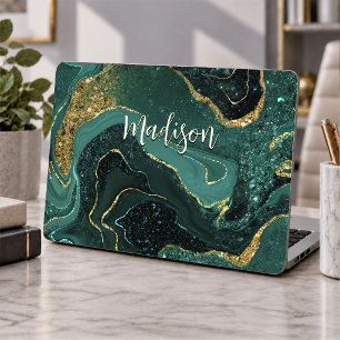Elegant turquoise marbling faux gold glitter HP laptop skin