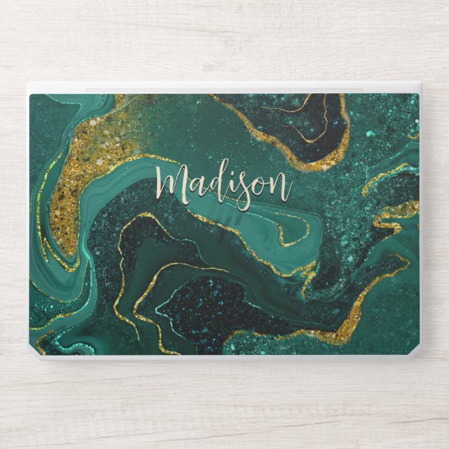 Elegant turquoise marbling faux gold glitter HP laptop skin (Front)