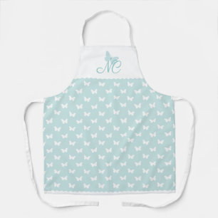 Elegant Turquoise Monogram Butterfly Pattern Apron