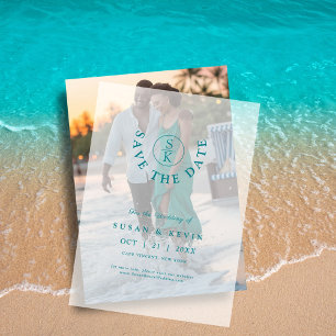 Elegant Turquoise Monogram Wedding Save the Date Vellum Invitations