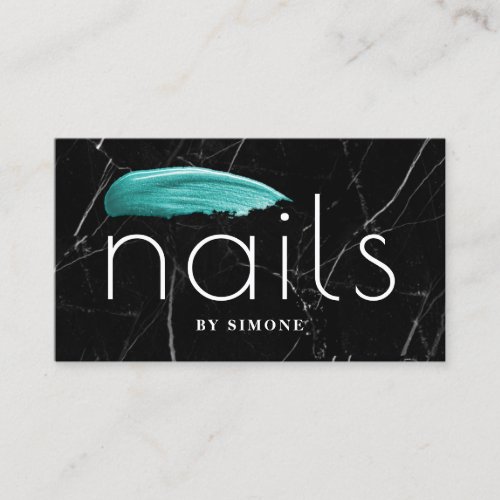 Elegant turquoise nail polish stroke black marble business card