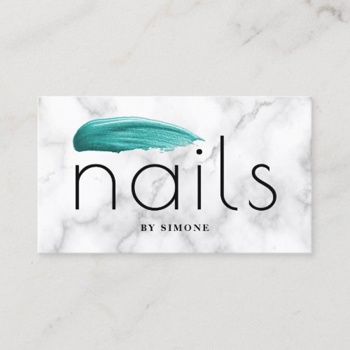 Elegant turquoise nail polish stroke white marble business card