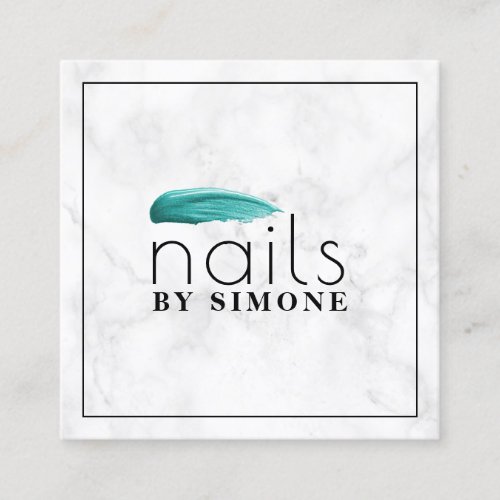 Elegant turquoise nail polish stroke white marble square business card