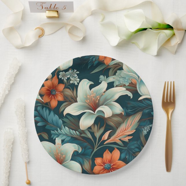 Elegant Turquoise Orange Flower Pattern Floral Paper Plates (Wedding)