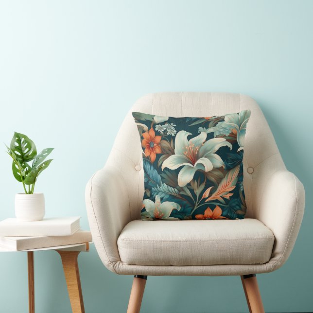 Elegant Turquoise Orange Flower Pattern Floral Throw Pillow (Chair)