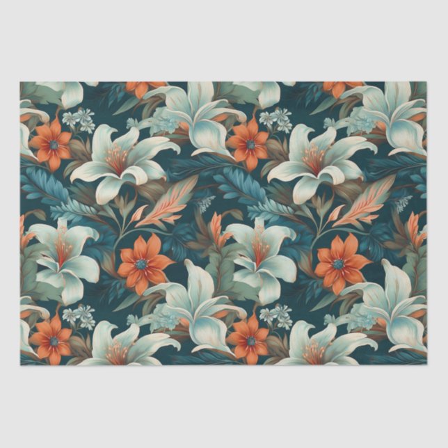 Elegant Turquoise Orange Flower Pattern Floral Tissue Paper (Front)