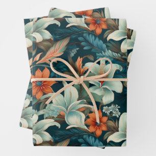 Elegant Turquoise Orange Flower Pattern Floral Wrapping Paper Sheets