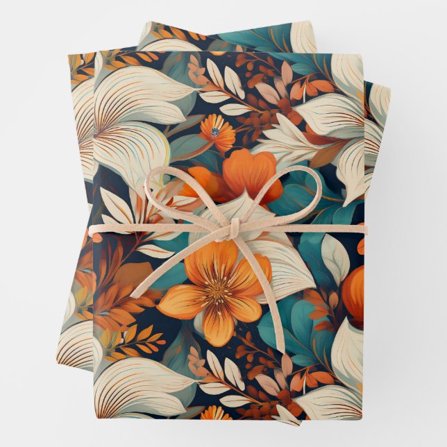Elegant Turquoise Orange Flower Pattern Floral Wrapping Paper Sheets (In situ)