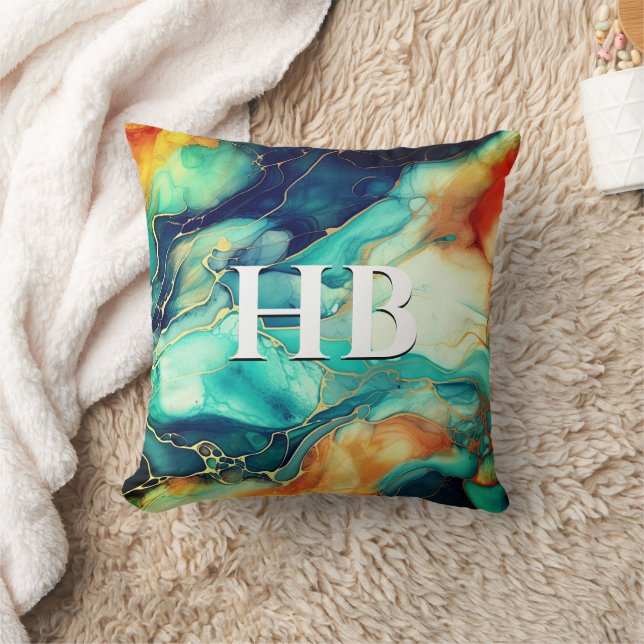 Elegant turquoise orange marble art faux glitter  throw pillow (Blanket)