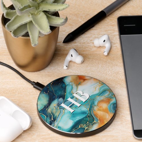 Elegant turquoise orange marble art faux glitter  wireless charger 