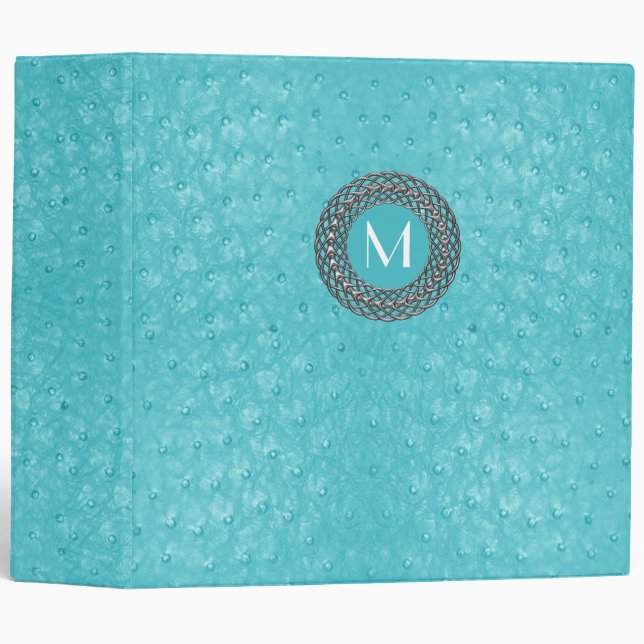 Elegant Turquoise Ostrich Leather Look Monogram Binder (Front/Spine)