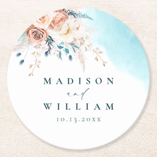 Elegant Turquoise Peach Floral Watercolor Round Paper Coaster