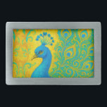 Elegant Turquoise Peacock Bird Decorative Belt Buckle<br><div class="desc">This elegant peacock buckle features the bird in colors of turquoise and blue on a yellow patterned background. Image generated with AI.</div>