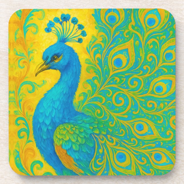 Elegant Turquoise Peacock Bird Decorative Beverage Coaster (Front)
