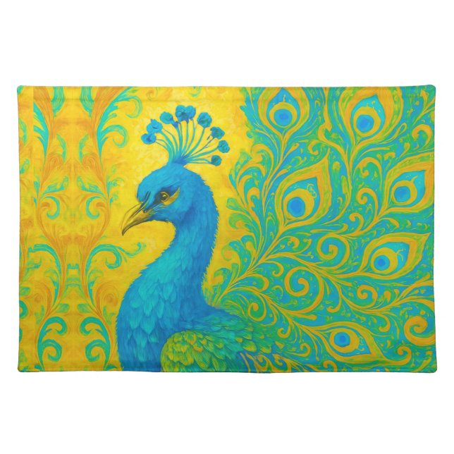 Elegant Turquoise Peacock Bird Decorative Cloth Placemat (Front)