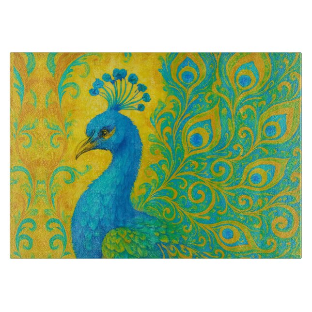 Elegant Turquoise Peacock Bird Decorative Cutting Board (Front)