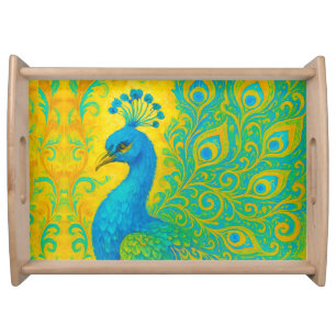 Elegant Turquoise Peacock Bird Decorative Serving Tray