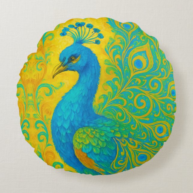 Elegant Turquoise Peacock Decorative Round Pillow (Front)