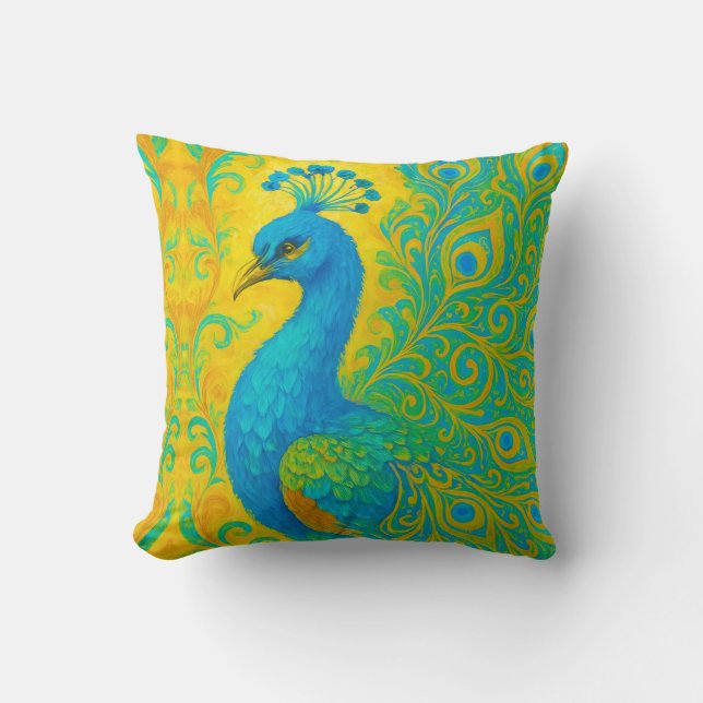 Elegant Turquoise Peacock Decorative Throw Pillow (Front)