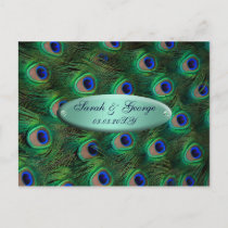 elegant turquoise peacock save the date announcement postcard